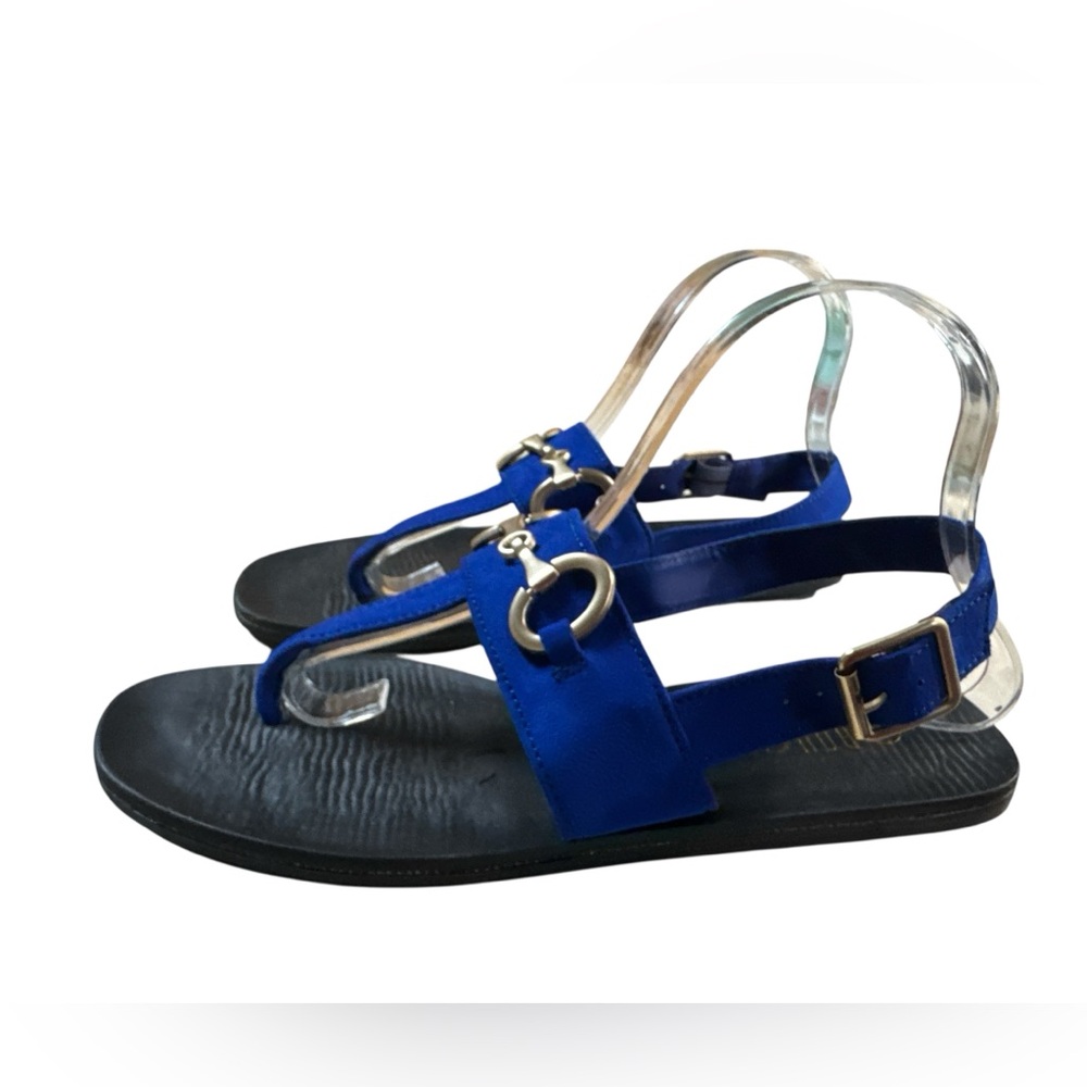 Rouge Helium Neon Blue Brass Detail Horsebit T-Strap Thong Sandals Size 9 - Picture 3 of 7